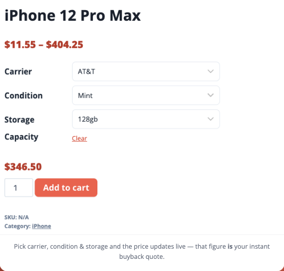 Live demo: instant buyback quote for an iPhone 12 Pro Max — pick carrier, condition and storage and the payout updates live