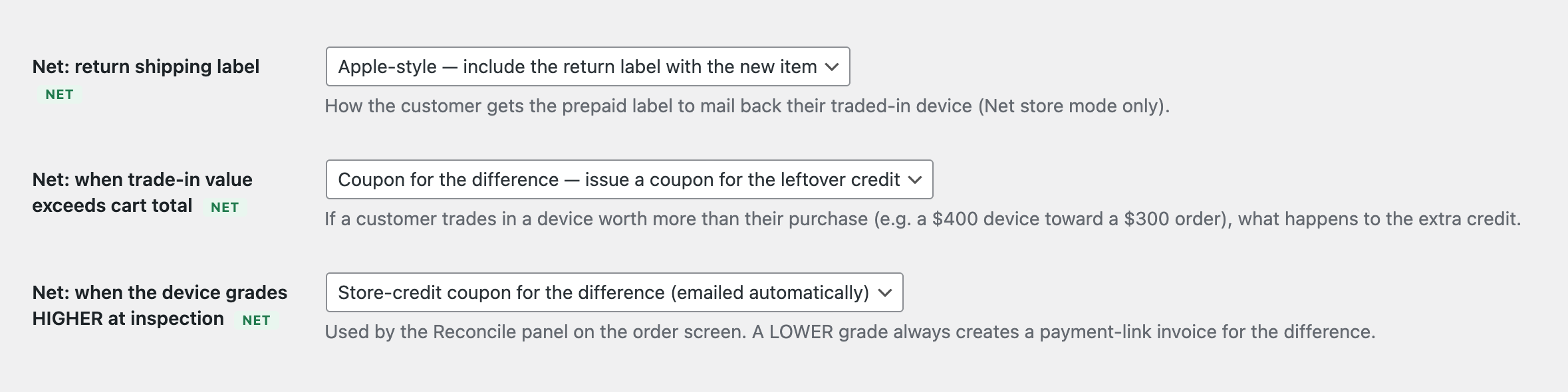 Net settlement and reconciliation settings: return shipping label delivery, what happens when trade-in value exceeds the cart total, and what happens when a device grades higher at inspection