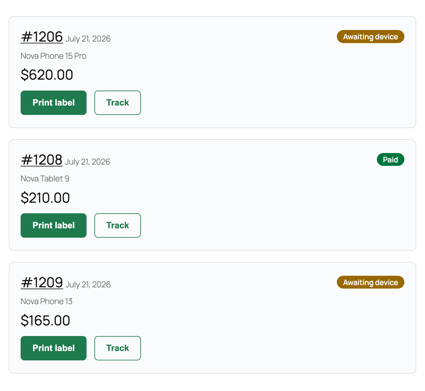 The My Trade-ins account tab showing three trade-in cards with status chips Awaiting device and Paid, payout amounts, and Print label and Track buttons
